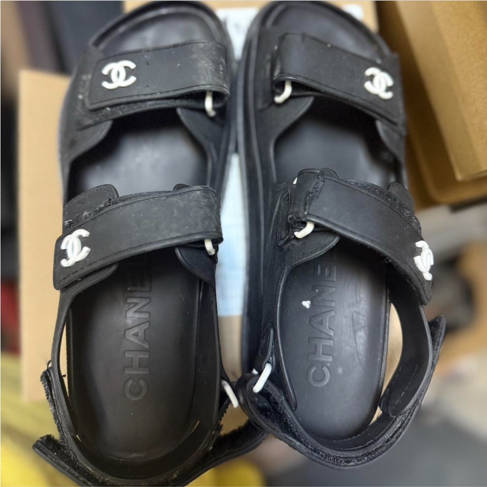 CHANEL Black Sandals with Velcro Straps